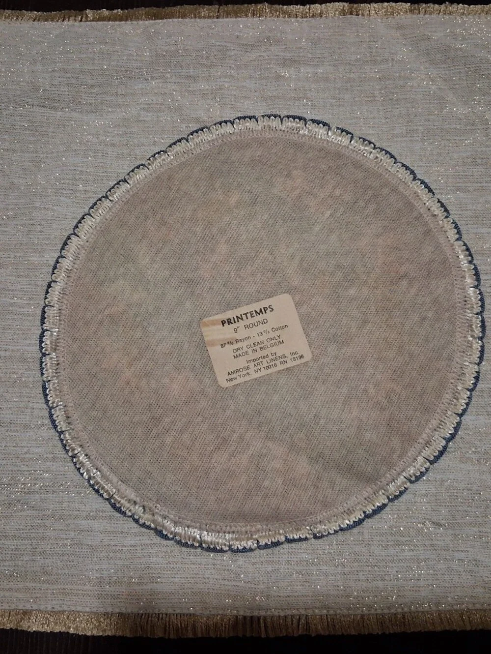 Bose Beige Round Floral Embroidered Placemat with Blue and Peach Accents